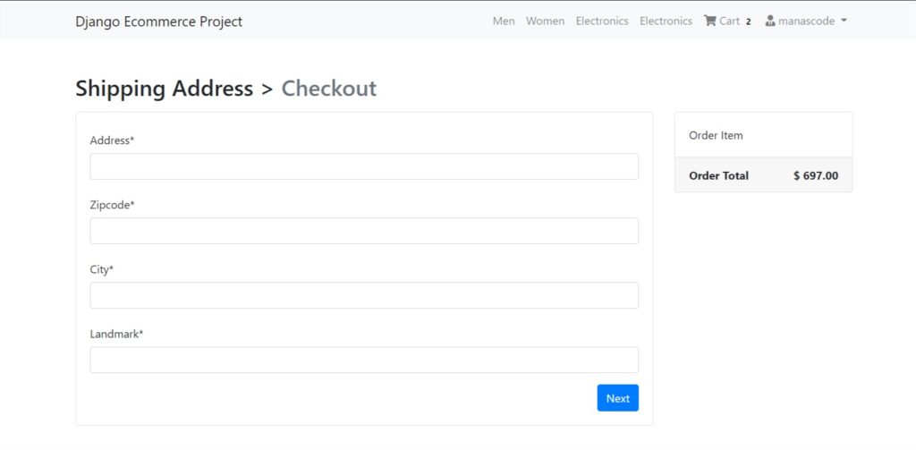 Checout page Django ecommerce tutorial manascode.com